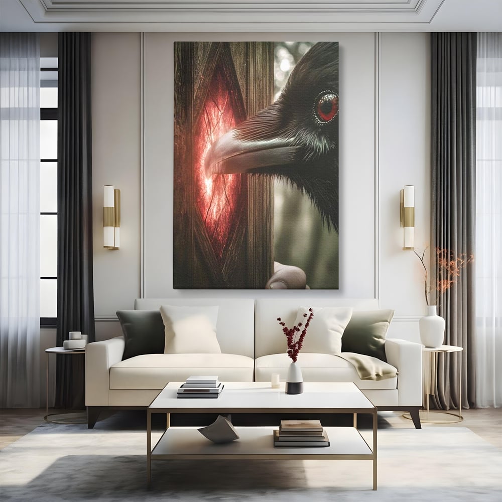 Tablou canvas cu tablou canvas cu un corb si portal rosu, fara rama, pe sasiu de lemn, pe perete intr-un living